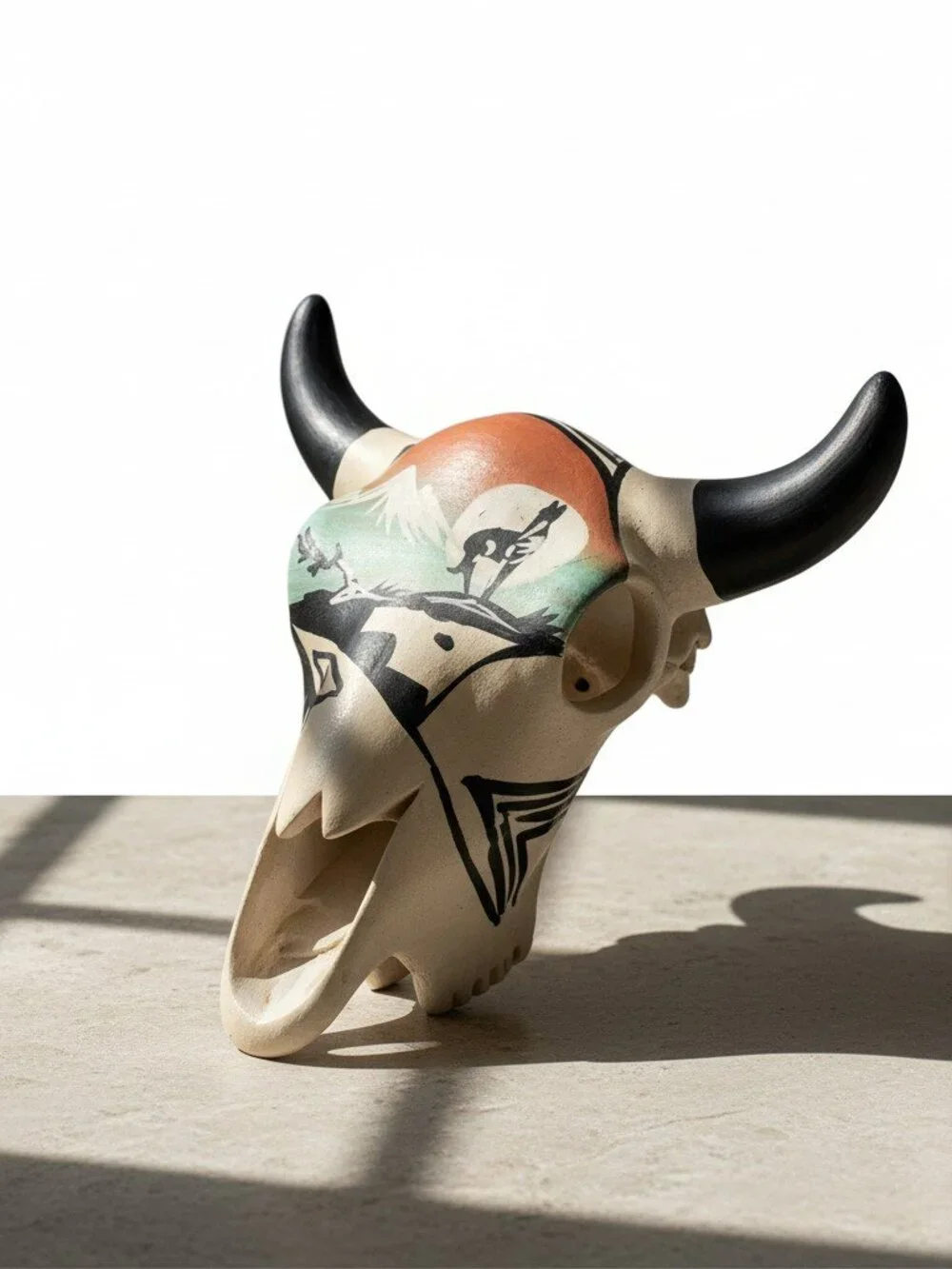Vintage Navajo Signed R. Hathale Hand Painted Pottery Steer Skull 5